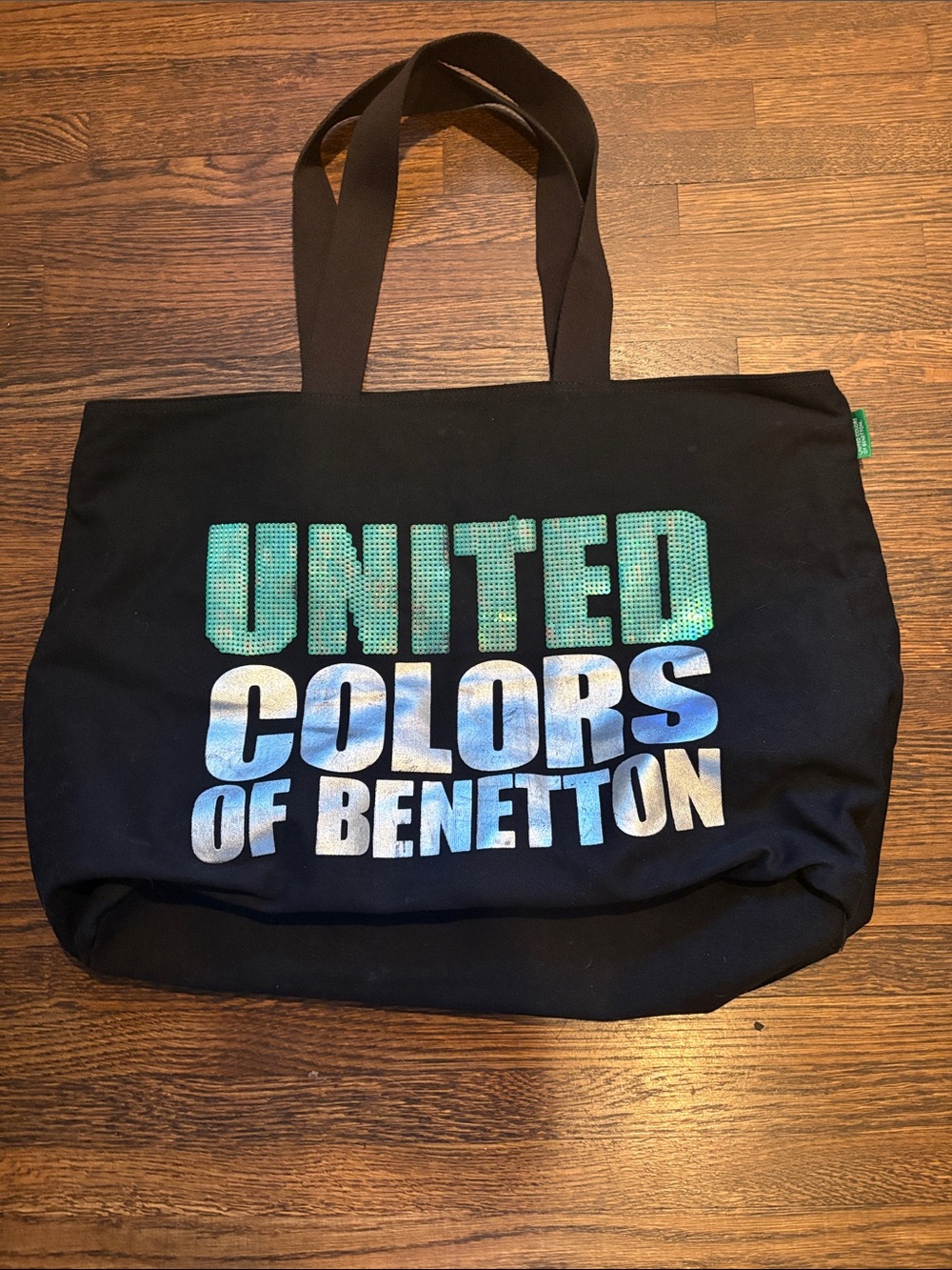 United Colors Of Benetton Black Tote with Teal-to-Blue Logo vintage